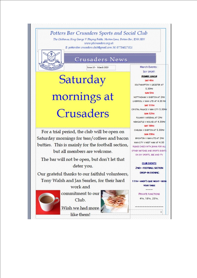 Potters Bar Crusaders Sports and Social Club, March newsletter